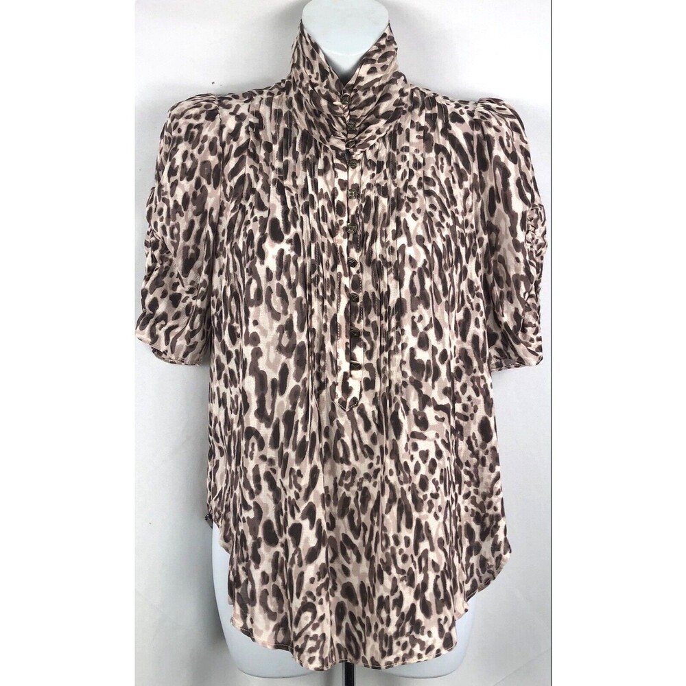 Mauve Ruched Turtleneck top 2 Leopard Cheetah Puff Sleeves Pleated Office Career